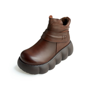 Bottes en Coton Polaire pour Femme, Nouvelles Bottes Martin Confortables en Cuir Véritable Vintage à Bout Rond Large, Fermeture Éclair Latérale, Plateforme et Talon Compensé pour l'Hiver - Product Image 5