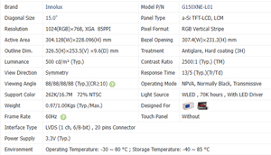 G150XNE-L01 INNOLUX Módulo de Pantalla LCD TFT de 15 Pulgadas 1024x768 LVDS 500cd Brillo 3H Revestimiento Aplicaciones Industriales y Automotrices - Product Image 6