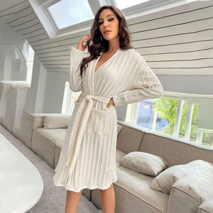 <span class=keywords><strong>Robes</strong></span> en tricot câblé à épaules tombantes Ceinturées <span class=keywords><strong>Robes</strong></span> en coton de luxe pour femmes personnalisées - Product Image 3