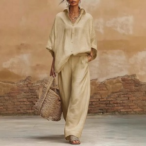 Conjunto de Dos Piezas para Mujer, <span class=keywords><strong>Camisa</strong></span> Informal de Lino con Botones, Pantalones Anchos de Cintura Alta, Conjunto Deportivo a Juego - Product Image 1
