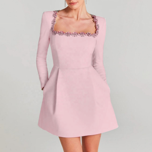 فساتين سهرة أنيقة عالية الجودة بتصميم OEM، ياقة مربعة، مزينة بالأحجار الكريمة والزهور، فاخرة بأكمام طويلة للنساء - Product Image 3