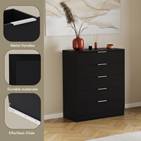 Lemari Laci Kayu 5 Laci Hitam Kompak Hemat-Ruang Unit Penyimpanan Kamar Tidur 90Tx66Px36Dcm Anti-Lengkung Modern Perak