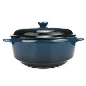 Caserole Piring Keramik Biru Gradien, Panci Casserole Enamel Piring dengan Tutup Hangat Set Mangkuk untuk Memasak