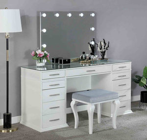 Modern Solid Wood Vanity Padded <b>Stool</b> Set 8mm Glass Top Storage Drawers LED Lighted Luminous White Finish for Room - Product Image 1