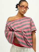 T-shirt rayé à épaules dénudées pour femmes, coupe ample, tricoté, manches courtes, streetwear d'été