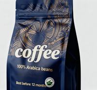 Sac à café biodégradable à fond plat personnalisé imprimé réutilisable de 250 g, 500 g, 1 kg avec valve et fermeture éclair, pochette debout réutilisable