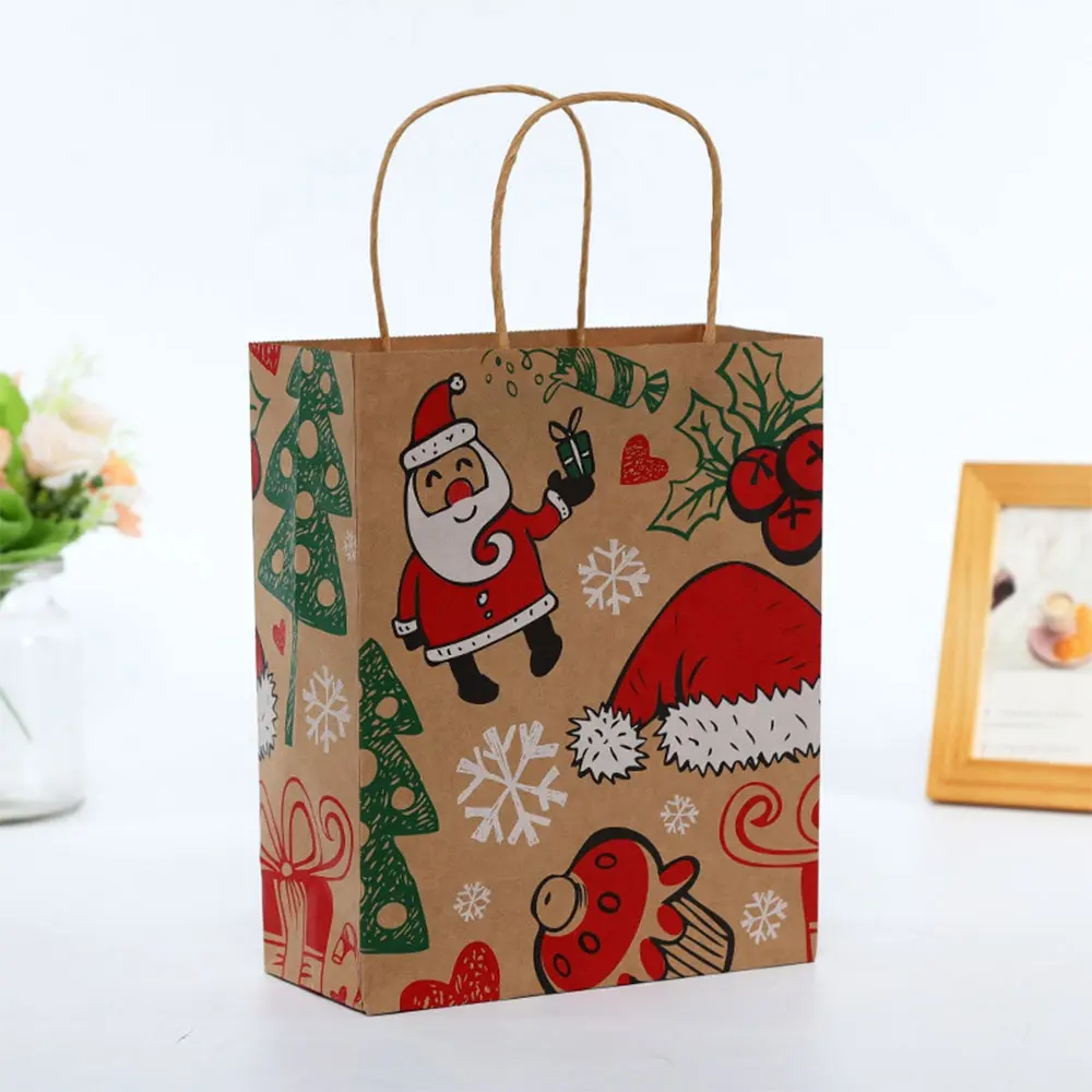 ถุงกระดาษคราฟท์คริสต์มาสแฟนซีและสวยงามพร้อมที่จับถุงกระดาษพับได้สำหรับบรรจุภัณฑ์