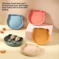 Assiette en silicone pour enfants, vaisselle bébé, motif ours de dessin animé, design mignon et frais, bol en silicone, cuillère, plateau de repas, fournitures pour bébés, vente en gros