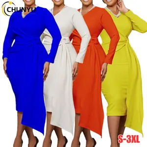 Women's Plus Size Summer Soild V-neck Long Sleeve Strap Ruched Party Pencil Package Hip Bodycon Midi Dresses