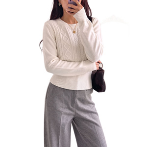 Pull en maille torsadée à col rond style français pour femme, taille unique, gris, coupe ajustée, haut de gamme - Product Image 5