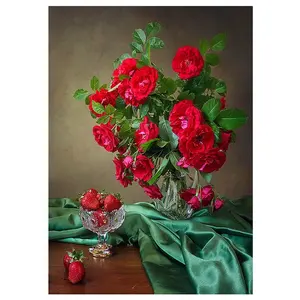 Pabrik Grosir Dekorasi Rumah Lukisan Bunga Stroberi Mawar Merah Lukisan Berlian 5D DIY