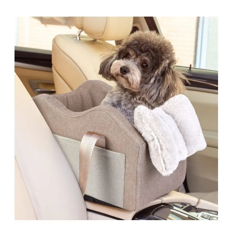 Siège de voiture pour chien Console centrale Siège de voiture rehausseur pour animaux de compagnie pour petits chiens (Champagne + Kaki)