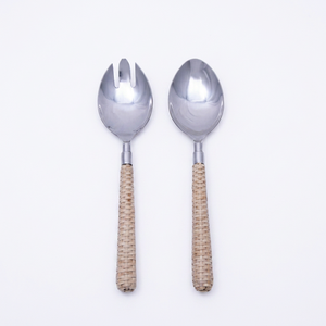 Premium Quality Stainless Steel <b>Salad</b> Servers Set With Rattan Woven Handles Eco-Friendly Kitchen Utensils At Best Price - Product Image 1