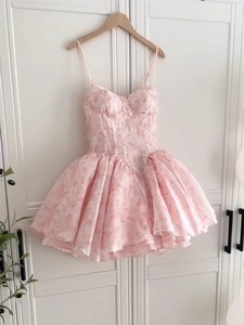strapless open back dress Pink Prom Dresses V-Neck Puffy Sleeves A-Line Evening Gown f main image 0