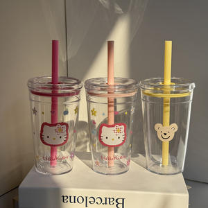 Taza de pajita de plástico de 450mL, taza de café Boba de diseño impreso minimalista, vasos reutilizables para uso diario - Product Image 1