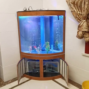 Aquarium triangulaire en verre moderne pour salon, à poser contre le mur, avec filtre de fond personnalisé et meuble intégré - Product Image 6