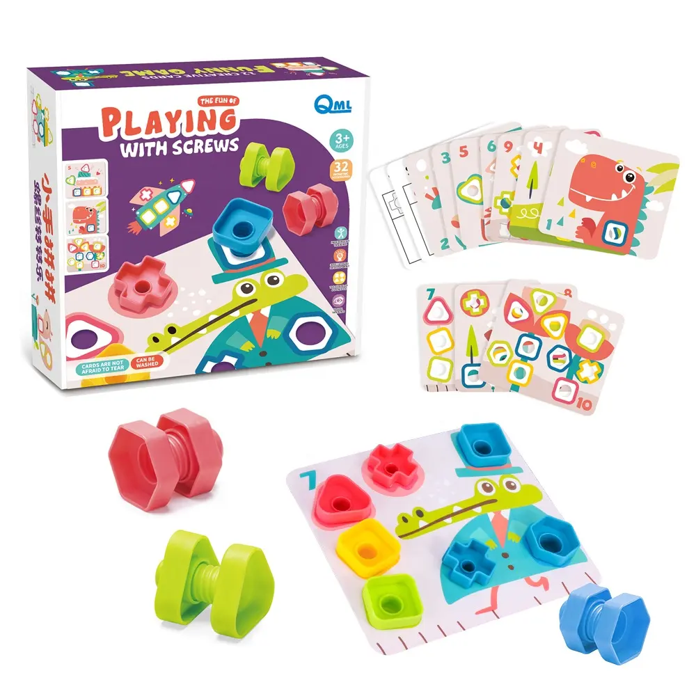 Vite di tornitura creativa fai-da-te gioco giocattolo riconoscimento della forma del colore kit di smistamento giocattolo con 12 carte lavabili e 32 accessori geometrici
