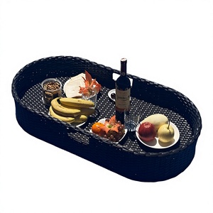 Plateau de service flottant ovale moderne en rotin noir rayé, idéal pour la piscine – Meilleure vente directe usine du Vietnam - Product Image 1