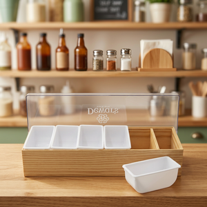 Plateau à condiments en bois avec logo personnalisé, 4 compartiments, plat de service avec couvercle, utilisation en restaurant, bar - Product Image 5