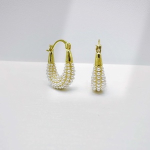 custom plata 925 sterling <b>silver</b> Gold Plated <b>Huggie</b> Earring trendy Everyday Wear Geometric Design summer korean Pearl earrings - Product Image 5