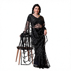 Sari de Red Negro Premium OEM a Precio de Fábrica, Prenda Tradicional Étnica India, Sari de Diseñador Bordado con Lentejuelas Listo para Usar - Product Image 1