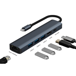 Justlink 6 en 1 Hub HDMI 4K30Hz Tipo C PD 100W carga rápida <span class=keywords><strong>RJ45</strong></span> 1000Mbps Estación de acoplamiento USB3.0 Concentrador Tipo Extensión - Product Image 1