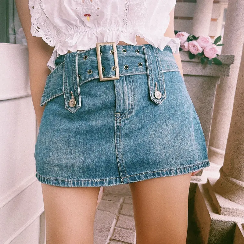 3 Colors Casual Belted High Waist Y2K Denim Mini Skirt With Shorts Women