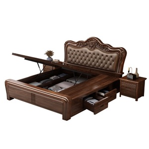 Lit double en bois massif de style chinois 2x2m, rembourré en cuir véritable, avec rangement, pour chambre à coucher, usage domestique - Product Image 5