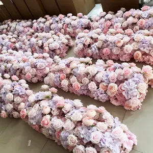 맞춤형 핑크 보라색 장미 실크 진짜 터치 인공 꽃 테이블 다채로운 꽃 러너 결혼식 장식
