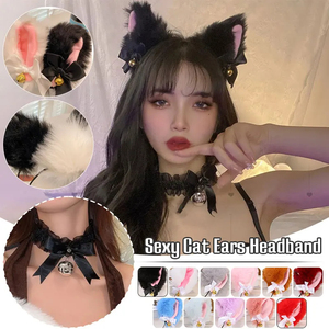 Fascia per capelli con orecchie di gatto <span class=keywords><strong>Sexy</strong></span> per donne e ragazze collana con fiocco di pizzo peluche campana fascia per capelli Cosplay in maschera-Costume per feste accessori per capelli - Product Image 4