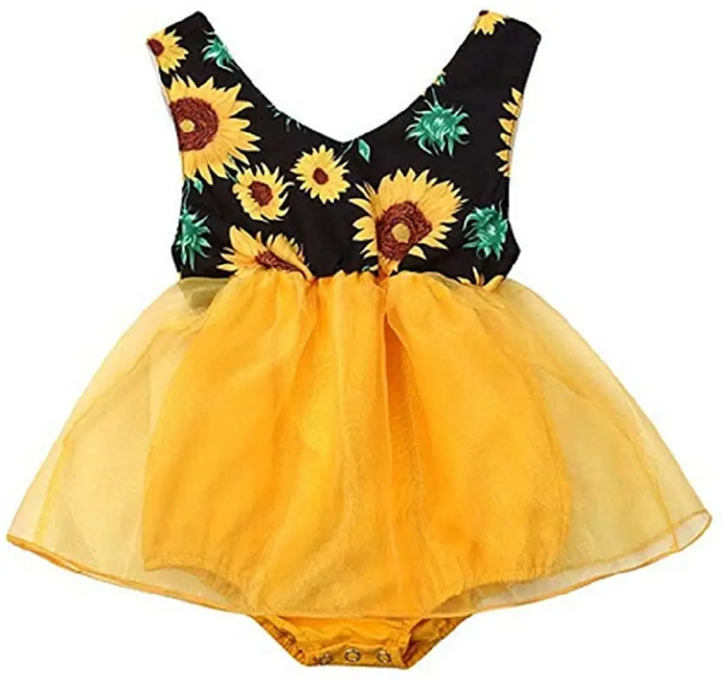 Muestra gratis de bebé recién nacido chica girasol cuello en V sin mangas sin respaldo mono Ballet Tutu vestido de la danza, falda