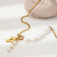 Collier pour femme Bowei, style européen et américain, en acier inoxydable électroplaqué, luxe léger, niche, imitation perle, croix, clavicule
