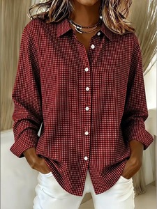 Camisa a cuadros blanca y negra para mujer, con botones, manga larga, cuello vuelto, corte ajustado, blusa tejida para uso diario - Product Image 5