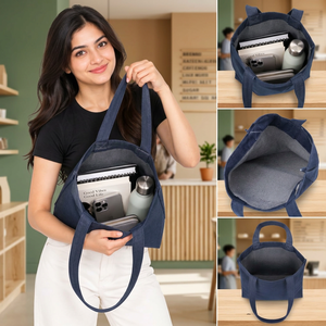 Women Canvas Denim Tote <b>Bag</b> Large Capacity Open Top Casual Daily Use Solid <b>Navy</b> Blue Shoulder Handle - Product Image 3