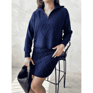 Conjunto de Falda y Suéter de Punto Azul Marino con Cierre, Talla S, Estilo Bodycon, Atuendo Moderno para Mujer - Product Image 1