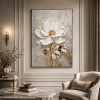 Tableau mural abstrait floral doré et blanc en toile acrylique fait main, œuvre d'art moderne, peintures de fleurs texturées 3D pour la décoration du salon