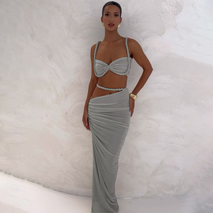 Nouvel ensemble tissé assorti pour femme, 2 pièces, tenue de vacances sexy, comprenant un débardeur court plissé <span class=keywords><strong>et</strong></span> une <span class=keywords><strong>jupe</strong></span> <span class=keywords><strong>longue</strong></span> taille haute froncée, couleur unie - Product Image 3