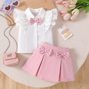 Conjunto de <span class=keywords><strong>Falda</strong></span> y Camisa <span class=keywords><strong>Blanca</strong></span> con Lazo Rosa para <span class=keywords><strong>Niña</strong></span> de 1 Año, Estilo Casual y Dulce para Verano - Product Image 1