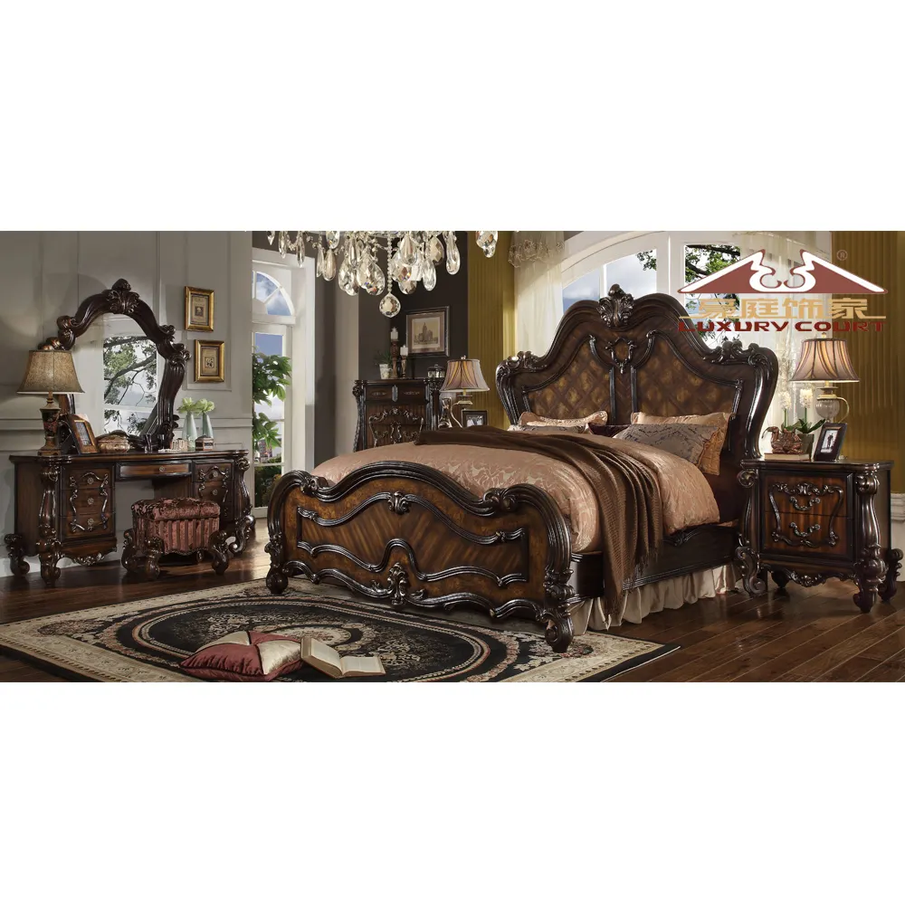 Longhao Furniture Traditional Luxury Wholesale Exclusive Antique Brown Coffee Wood King Size Bedroom Sets for Family House Hotel