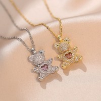 Collier Pendentif Ours en Argent, Or et Zircon avec Cœur Rose, Bijou Cadeau pour Fille, Bébé, Femme, Collier Breloque Ours