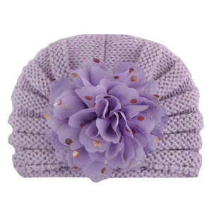 Chapeau <span class=keywords><strong>tricot</strong></span>é pour enfants avec grande fleur en mousseline de soie bébé automne et hiver chaud <span class=keywords><strong>laine</strong></span> chapeau collage bronzant enfants casquette - Product Image 1