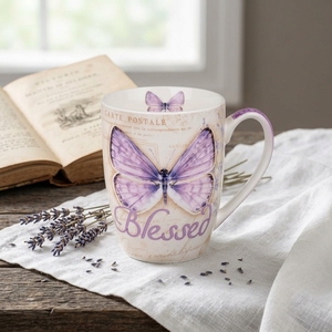 Taza de Café con Mariposa Púrpura Botánica, Regalos de Arte Cristiano, Versículo Bíblico Inspirador, Bendecido Jer. Contemporáneo sin plomo - Product Image 5