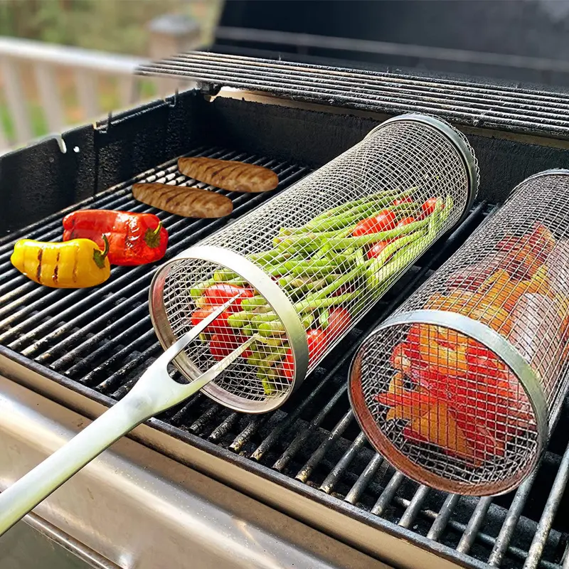 Trending Products 2024 New Arrivals Net Portable Bbq Grill Basket For Roasting Meat BBQ Accessories Cylinder Grilling Basket