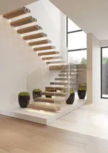 CBMmart 나무 계단 난간 유리 난간 직선 계단이있는 새로운 맞춤형 플로팅 현대 계단