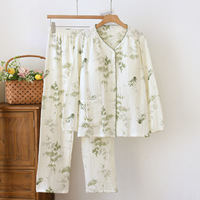 Pyjama en coton lavé fin pour femme, col en V, taille élastique respirante, manches longues, longueur intégrale, en crêpe double épaisseur