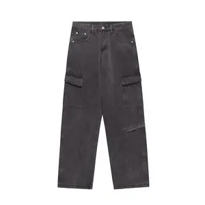 Custom Loose Cargo Jeans Men With Multi Pockets Blue Washed Flare Jeans Men Denim Cargo Pants
