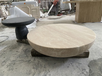 Table basse en travertin Romano rond sculpté à tambour géométrique Table basse centrale à faible hauteur