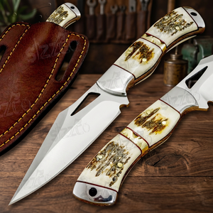Couteau de chasse utilitaire OEM EDC en acier D2 à pointe tombante avec poignée personnalisée en bois de cerf et bouton de pouce, idéal comme cadeau - Product Image 1