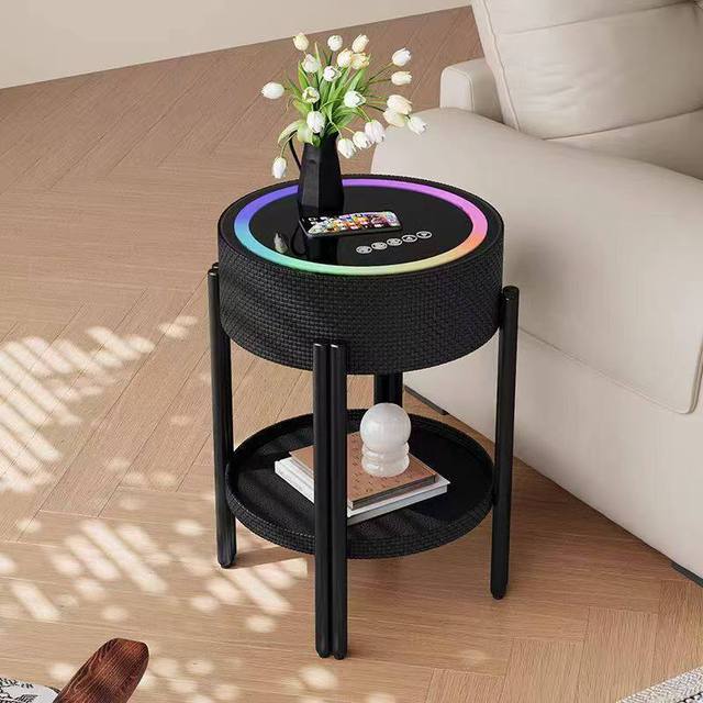 Smart LED Side Table with Bluetooth Speaker & RGB Light Ring, 2-Tier Rattan Texture Nightstand with Touch Control, Black