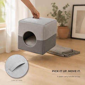 Lit cube pour chat en tissu gris, maison pour chat d'intérieur, abri pour chat, amovible et lavable - Product Image 3